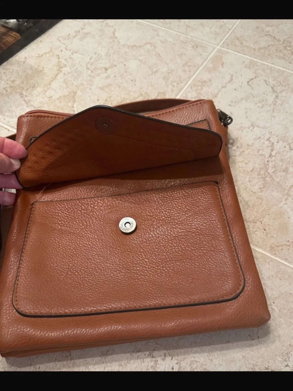 Tan Leather Messenger Bag with Studded Flap